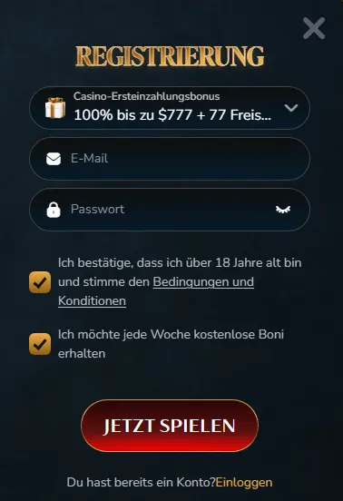Registrierungsformular – Spielerkonto mit E-Mail-Adresse und Passwort erstellen